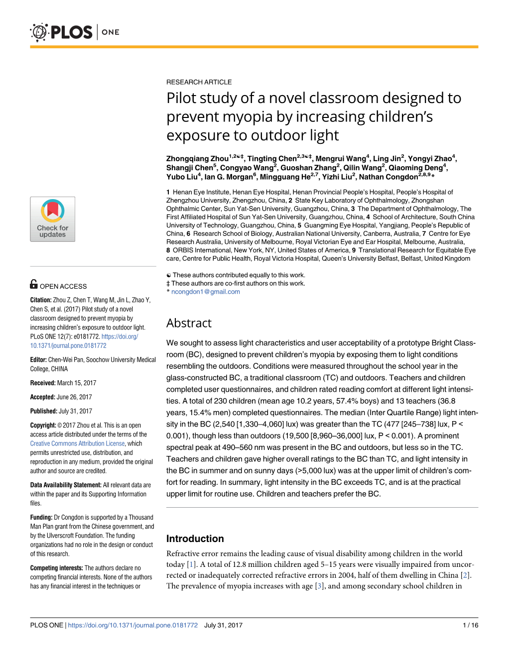 Pilot Study of a Novel Classroom Designed to Prevent Myopia by Increasing Children’S Exposure to Outdoor Light