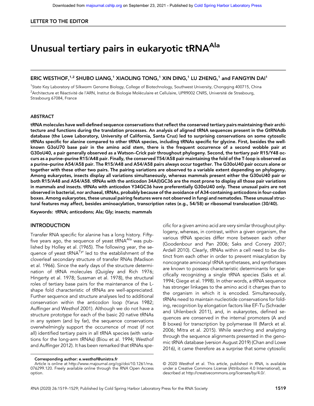 Unusual Tertiary Pairs in Eukaryotic Trnaala