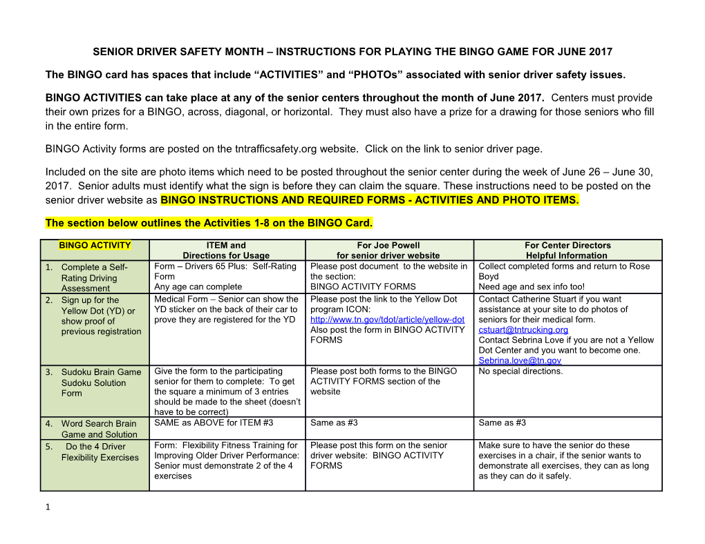 Senior Driver Safety Month Instructions for Playing the Bingo Game for June 2017