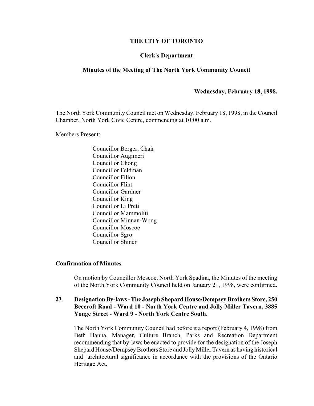 THE CITY of TORONTO Clerk's Department Minutes of the Meeting