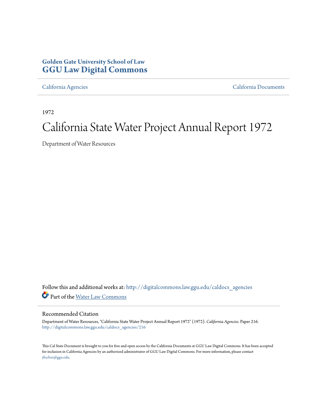 California State Water Project Annual Report 1972 Department of Water Resources