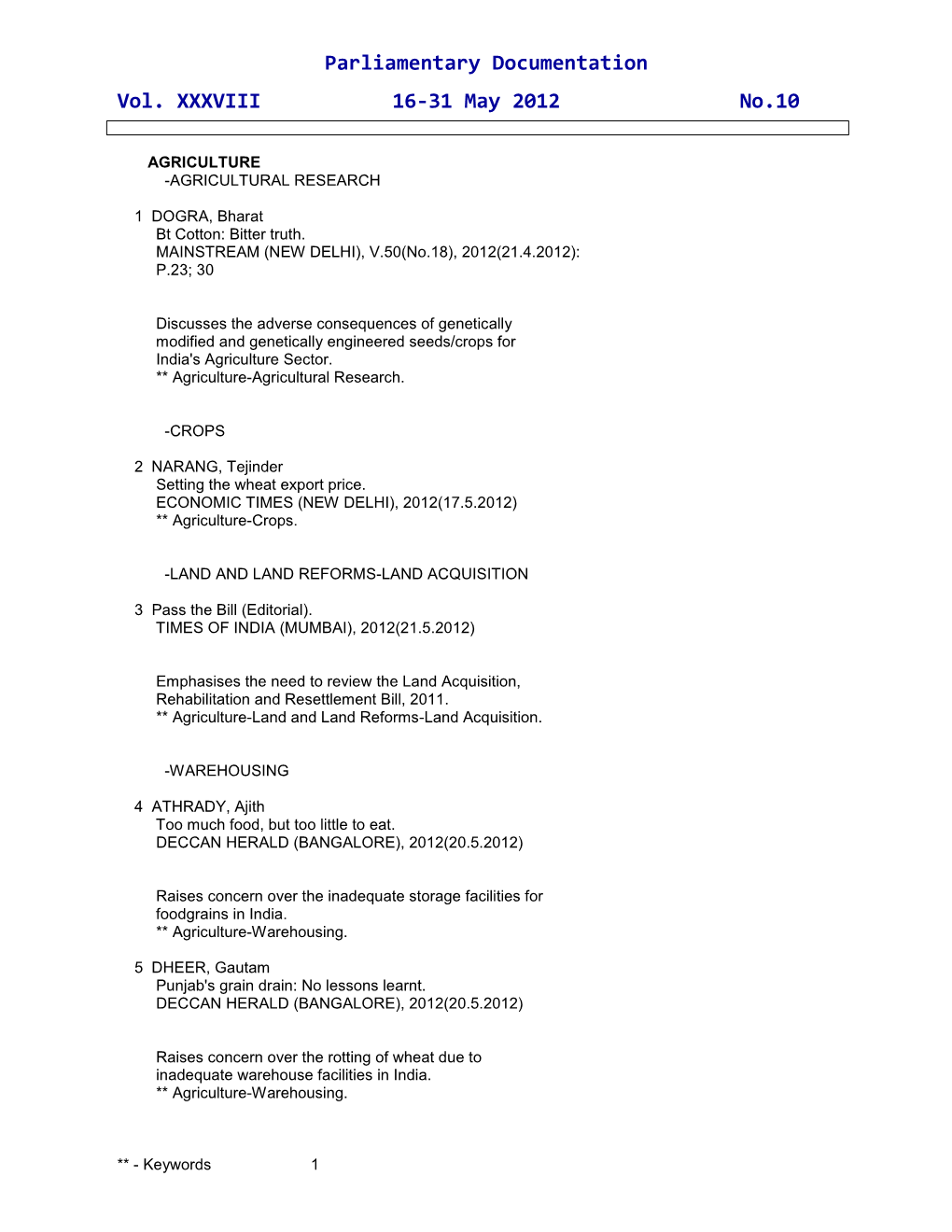 Parliamentary Documentation Vol. XXXVIII 16-31 May 2012 No.10