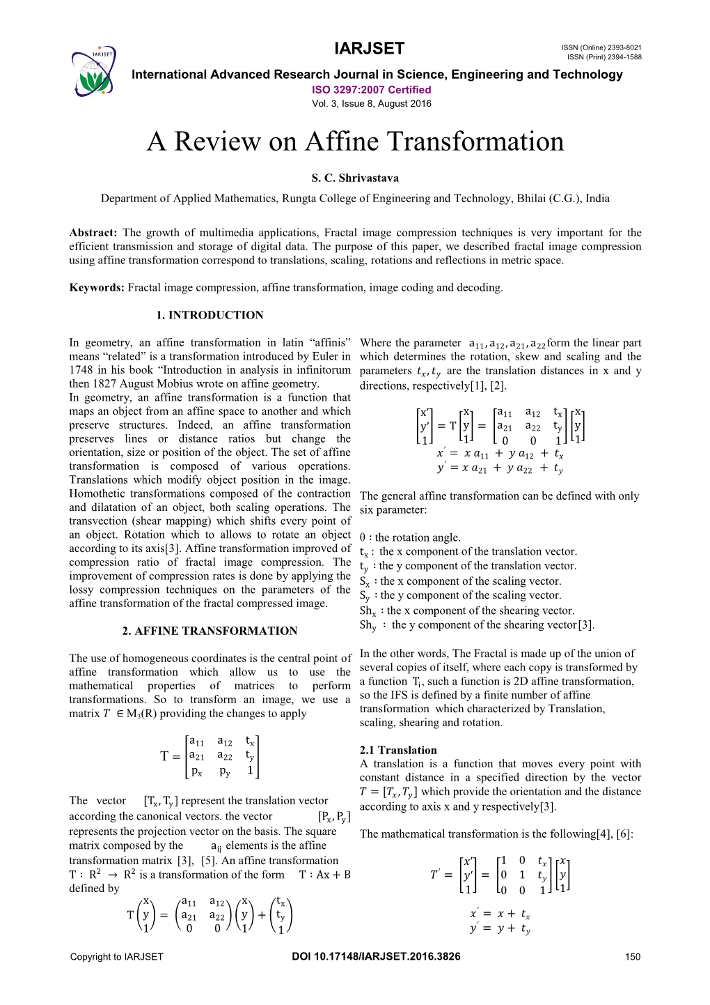 A Review on Affine Transformation