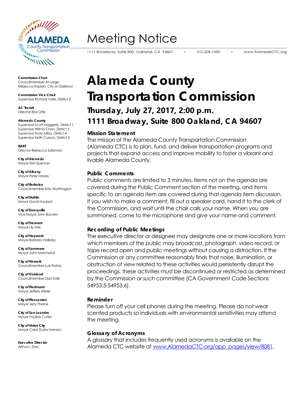 Alameda County Transportation Commission Thursday, July 27