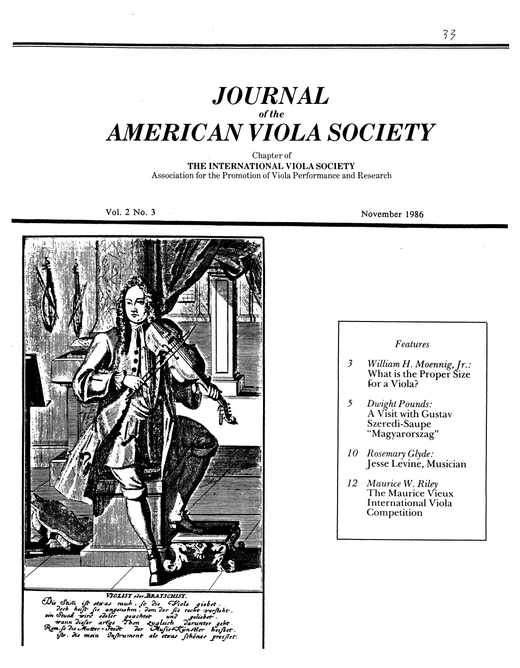 Journal of the American Viola Society Volume 2 No. 3, November 1986