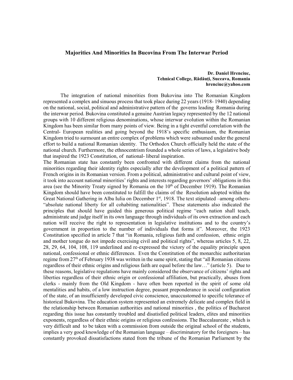 Majorities and Minorities in Bucovina from the Interwar Period