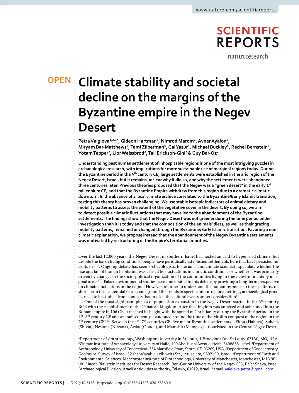 Climate Stability and Societal Decline on the Margins of the Byzantine Empire in the Negev Desert