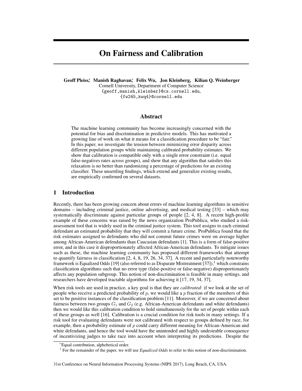 On Fairness and Calibration