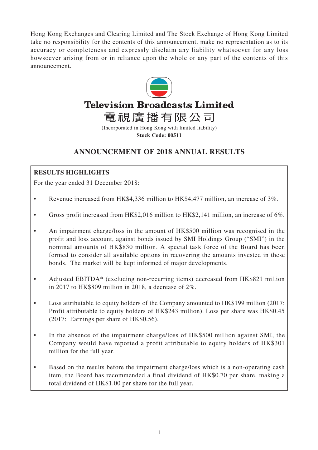 Announcement of 2018 Annual Results