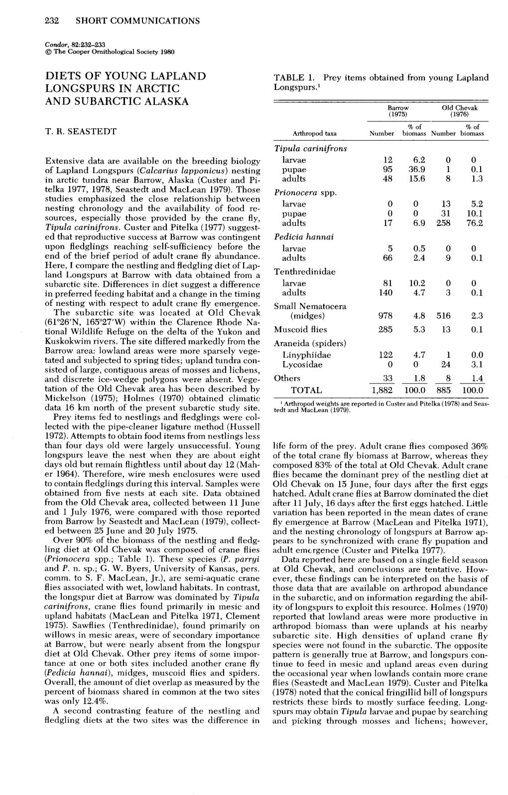 Diets of Young Lapland Longspurs in Arctic and Subarctic Alaska