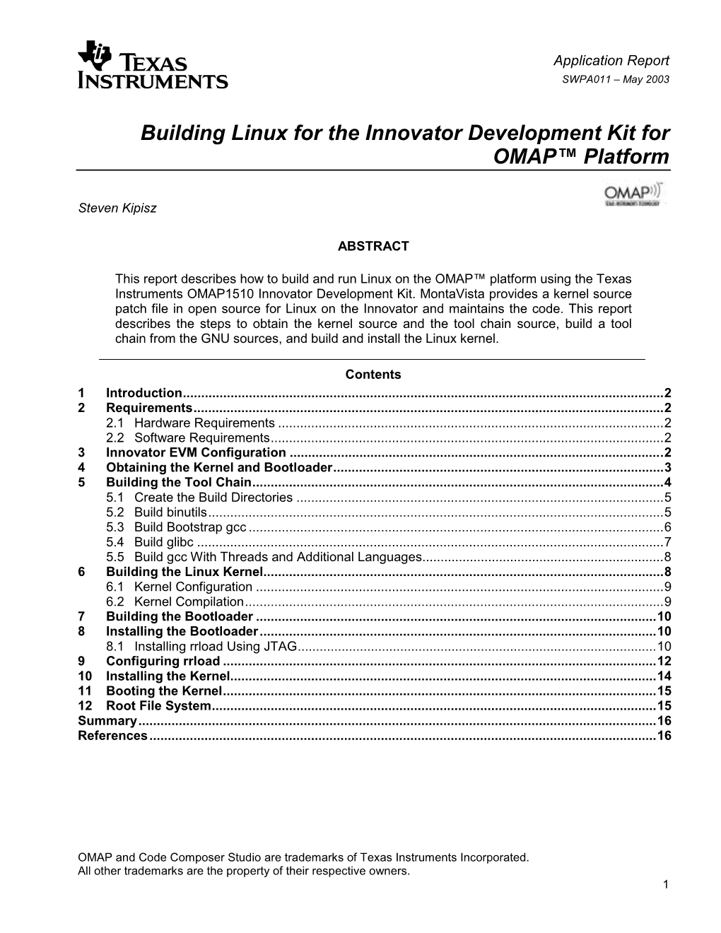 Building Linux for the Innovator Development Kit for Omapý Platform