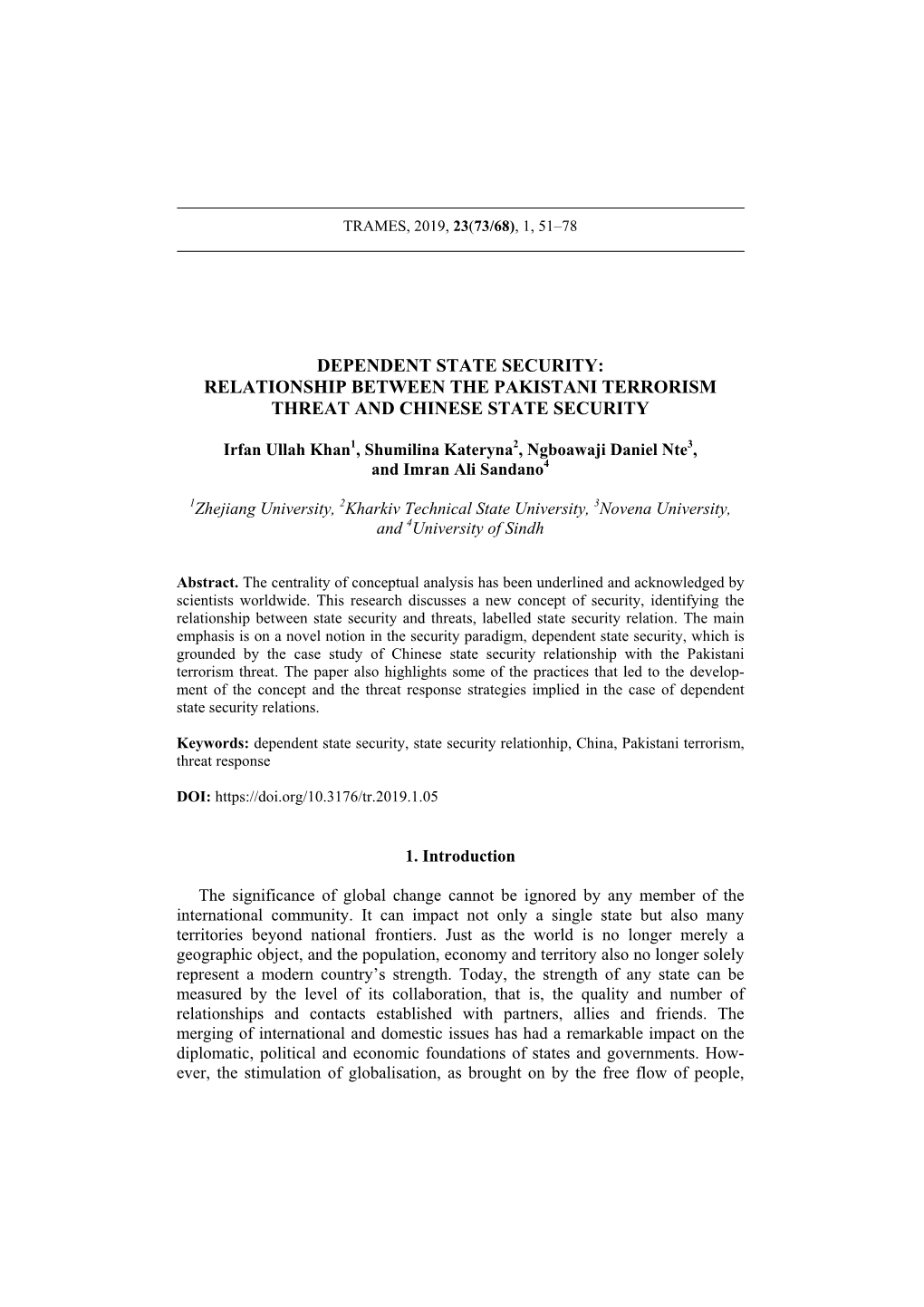 Relationship Between the Pakistani Terrorism Threat and Chinese State Security