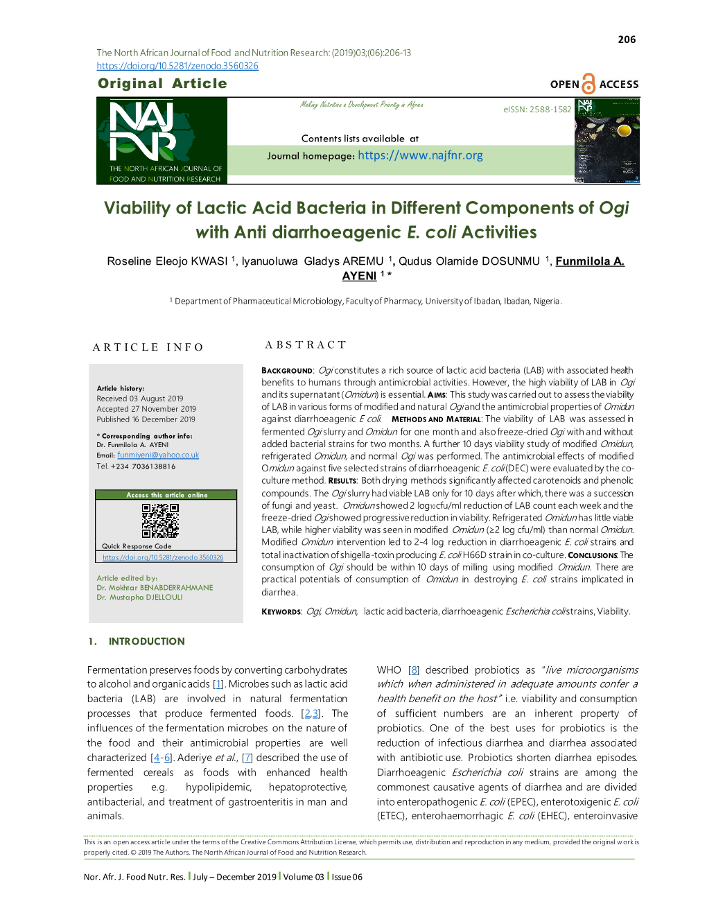 Viability of Lactic Acid Bacteria in Different Components of Ogi with Anti Diarrhoeagenic E