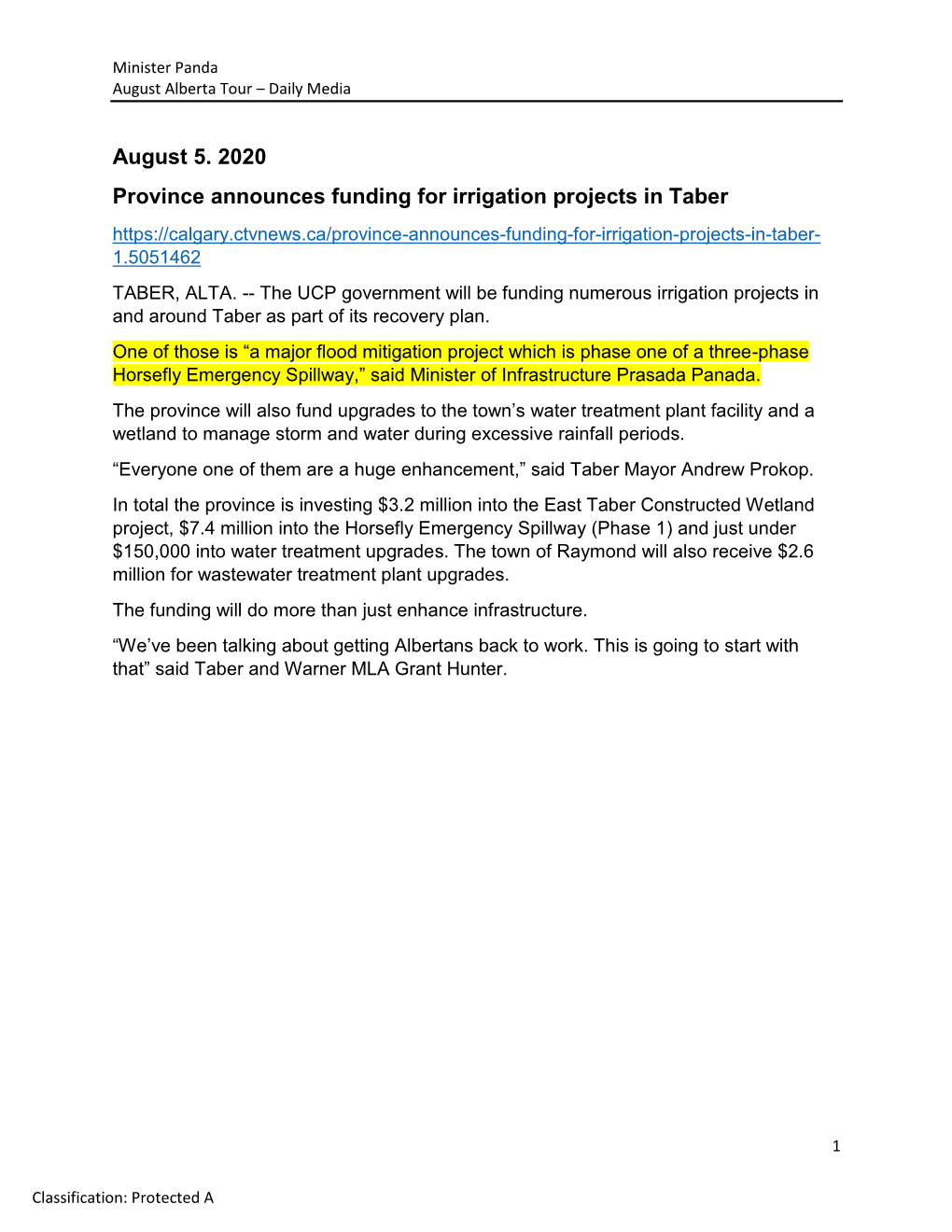 August 5. 2020 Province Announces Funding for Irrigation Projects in Taber