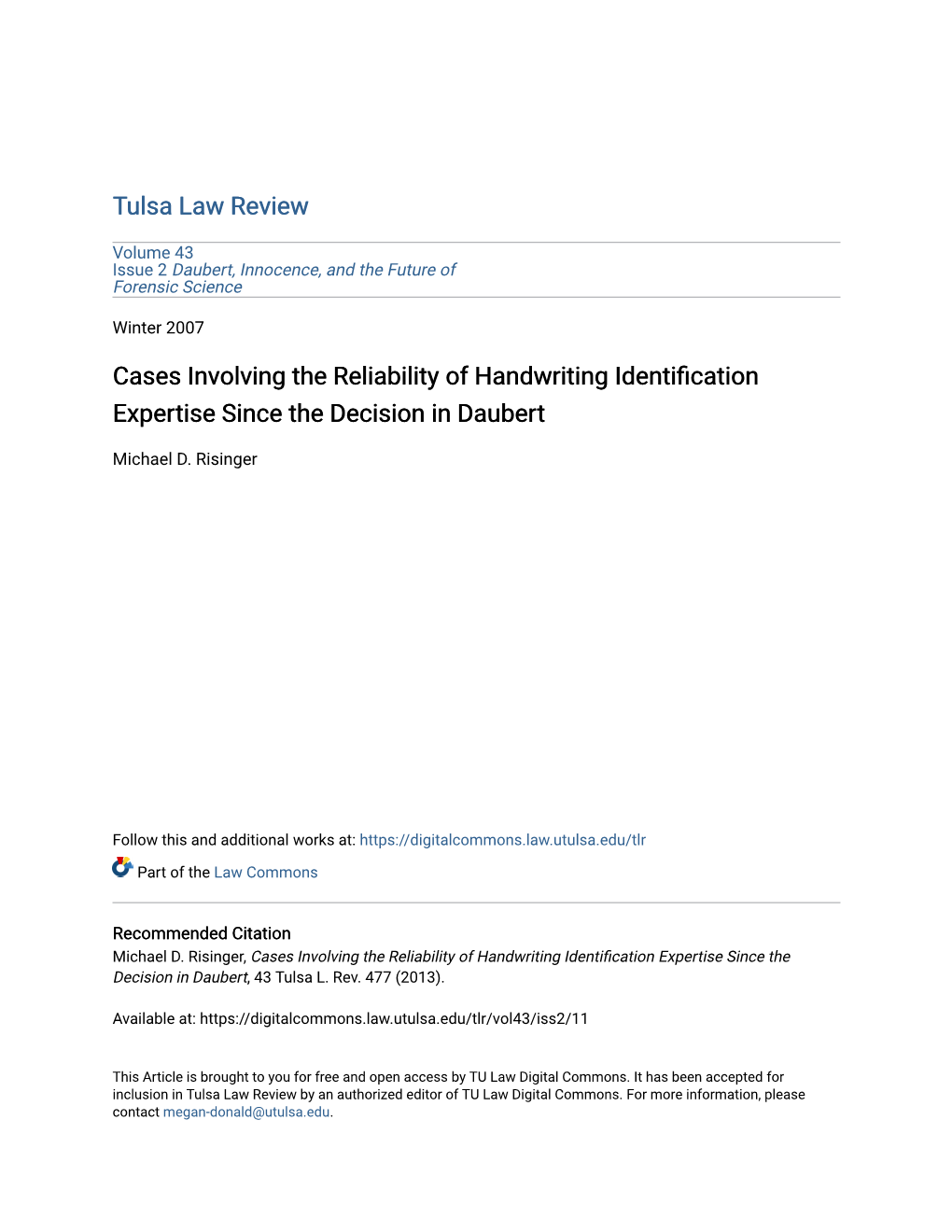 Cases Involving the Reliability of Handwriting Identification Expertise Since the Decision in Daubert
