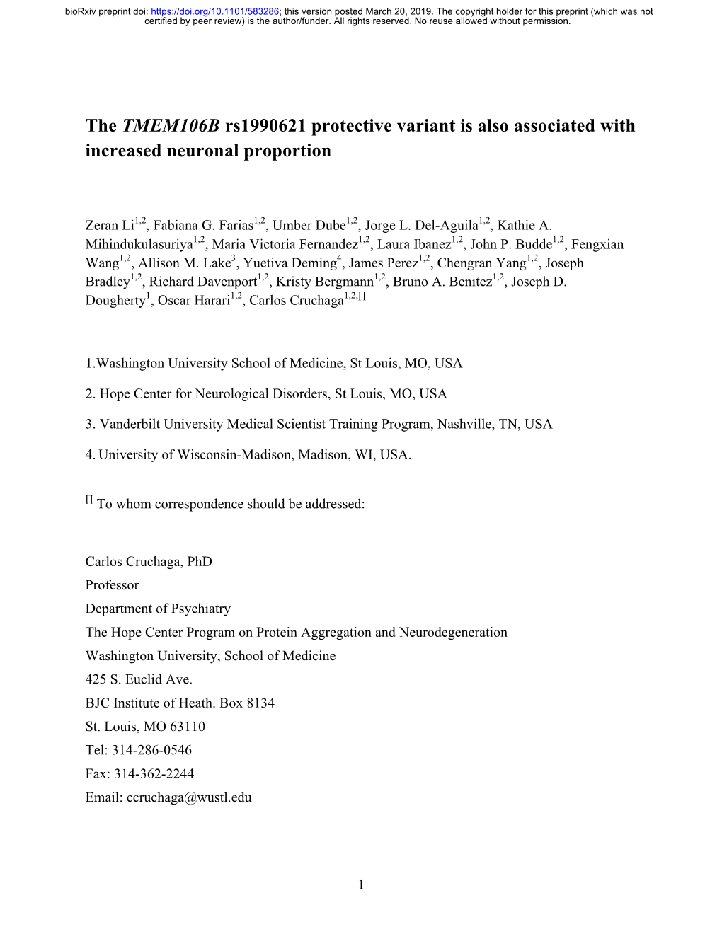 The TMEM106B Rs1990621 Protective Variant Is Also Associated with Increased Neuronal Proportion