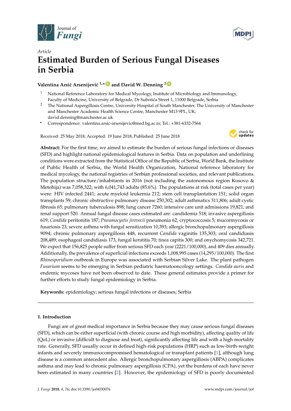 Estimated Burden of Serious Fungal Diseases in Serbia