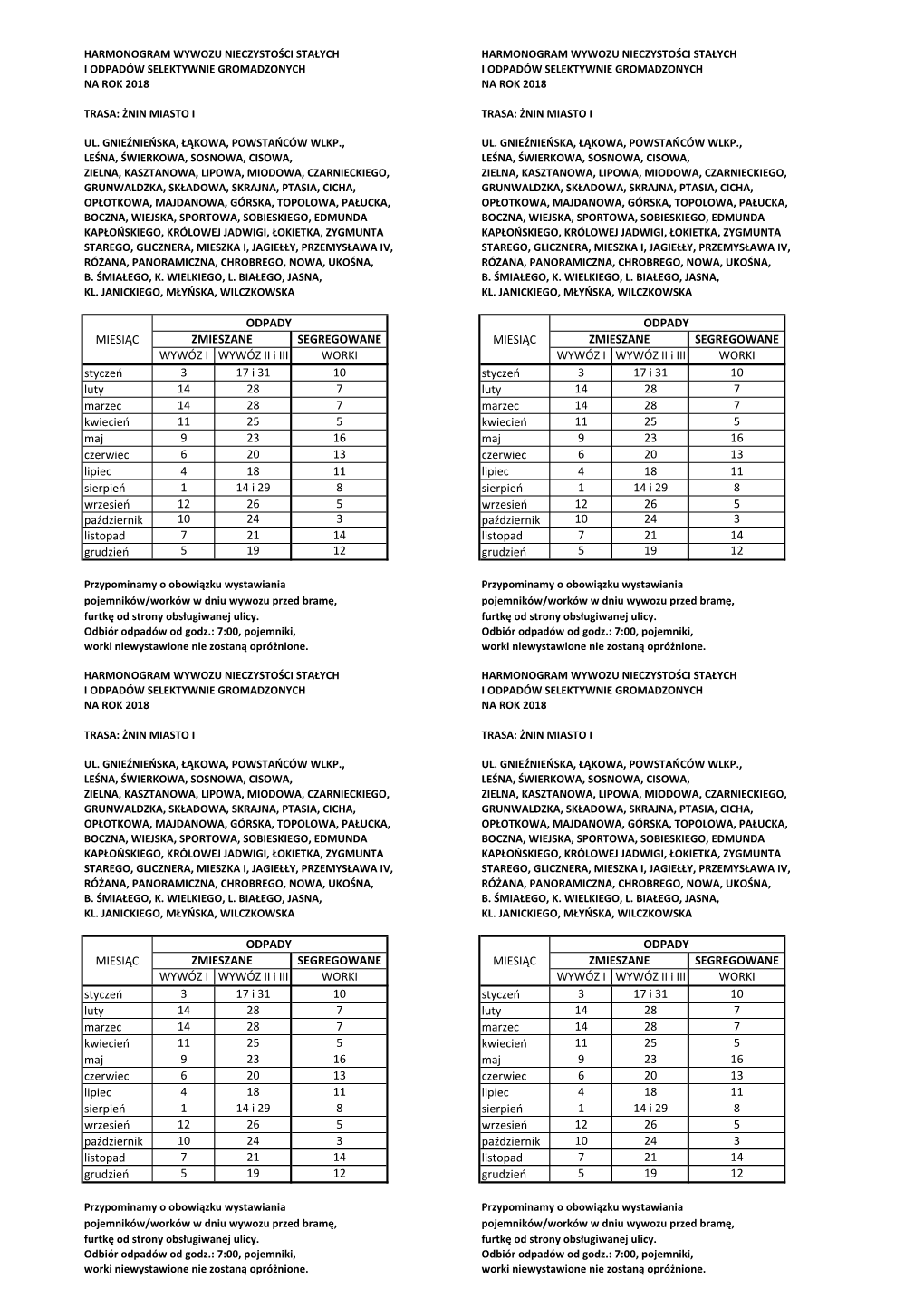 WYWÓZ I WYWÓZ II I III WYWÓZ I WYWÓZ II I III Styczeń 3 17 I 31 Styczeń 3 17 I 31 Luty 14 28 Luty 14 28 Marzec 14 28 Marze