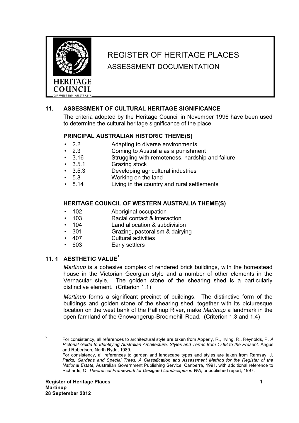 Register of Heritage Places Assessment Documentation