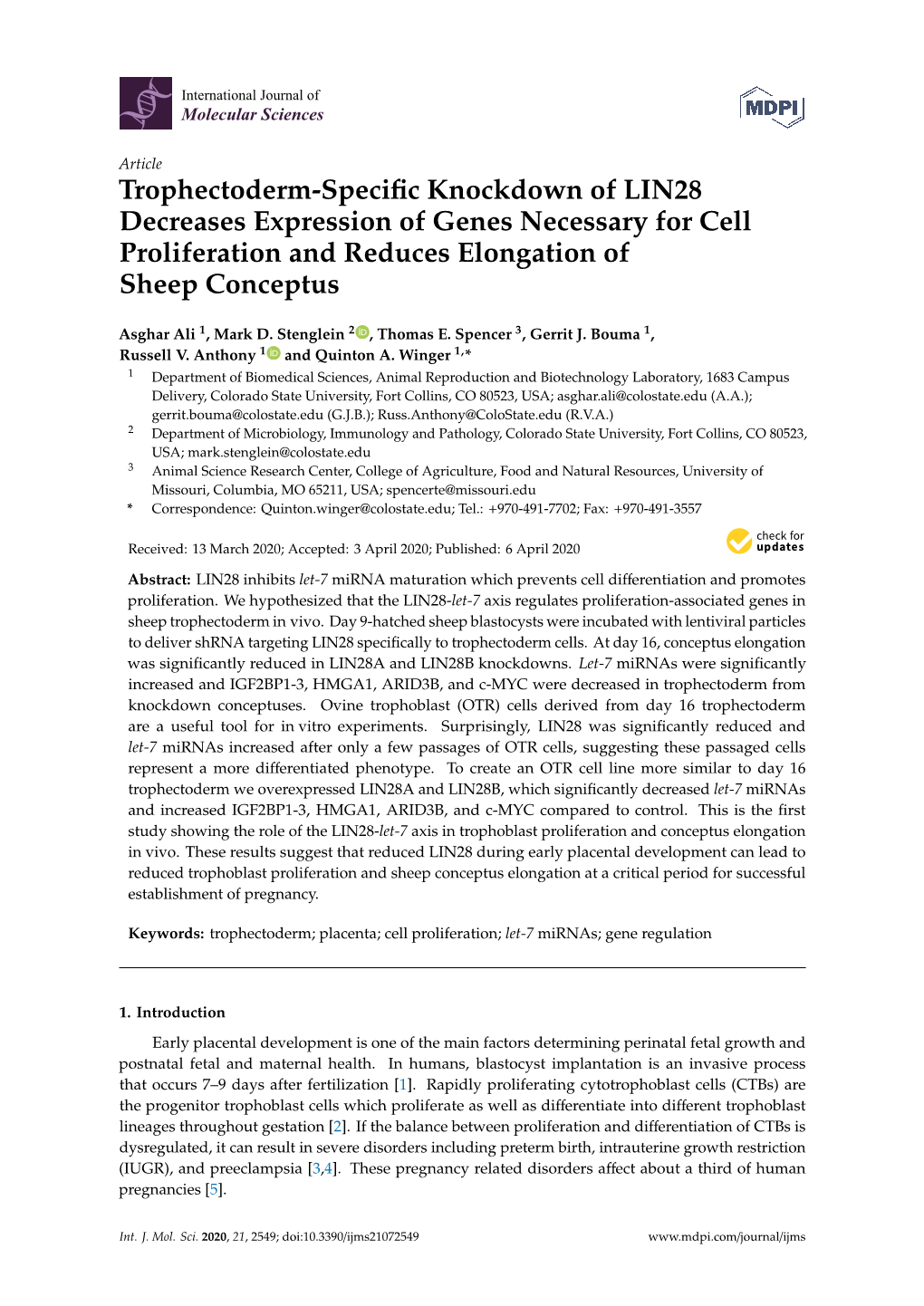 Trophectoderm-Specific Knockdown of LIN28 Decreases Expression of Genes Necessary for Cell Proliferation and Reduces Elongation