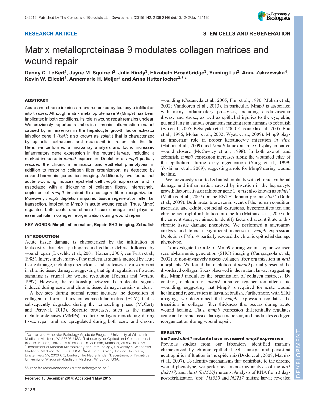 Matrix Metalloproteinase 9 Modulates Collagen Matrices and Wound Repair Danny C