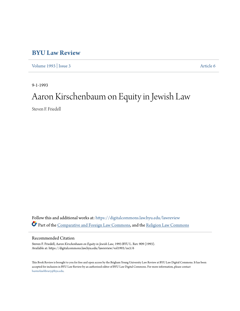 Aaron Kirschenbaum on Equity in Jewish Law Steven F
