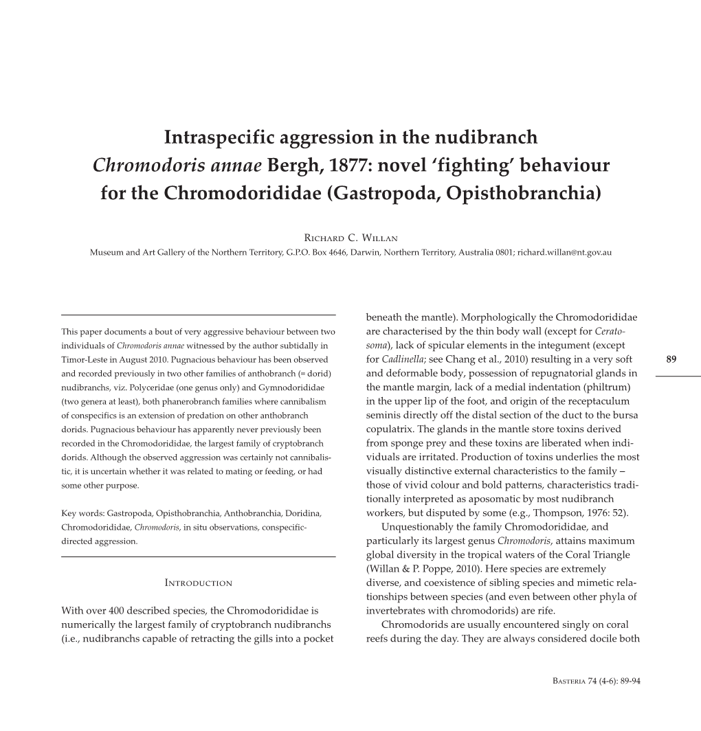 Fighting’ Behaviour for the Chromodorididae (Gastropoda, Opisthobranchia)