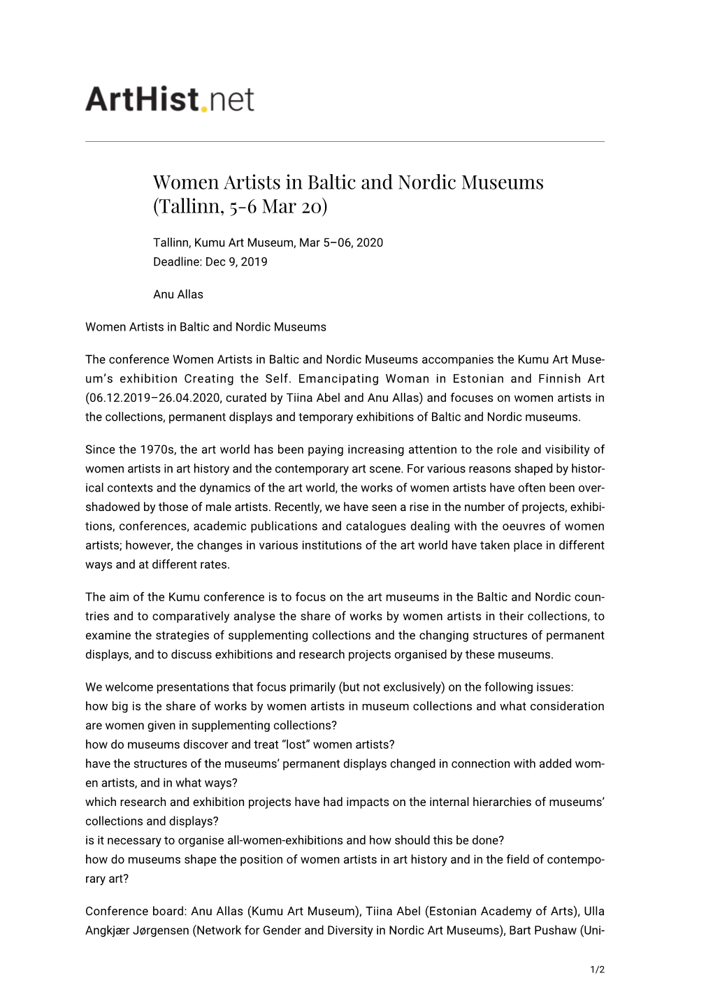 Women Artists in Baltic and Nordic Museums (Tallinn, 5-6 Mar 20)