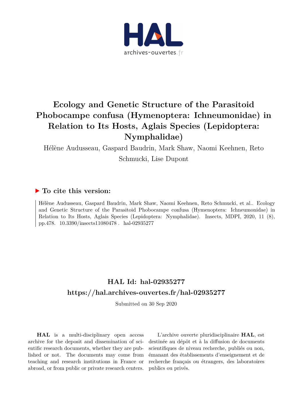 Ecology and Genetic Structure of the Parasitoid Phobocampe Confusa