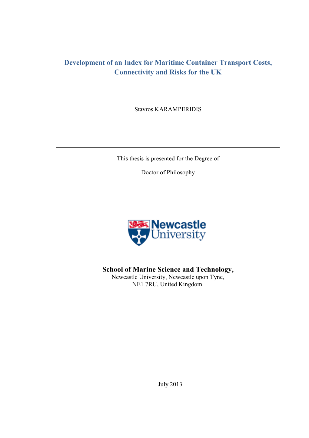 Development of an Index for Maritime Container Transport Costs, Connectivity and Risks for the UK