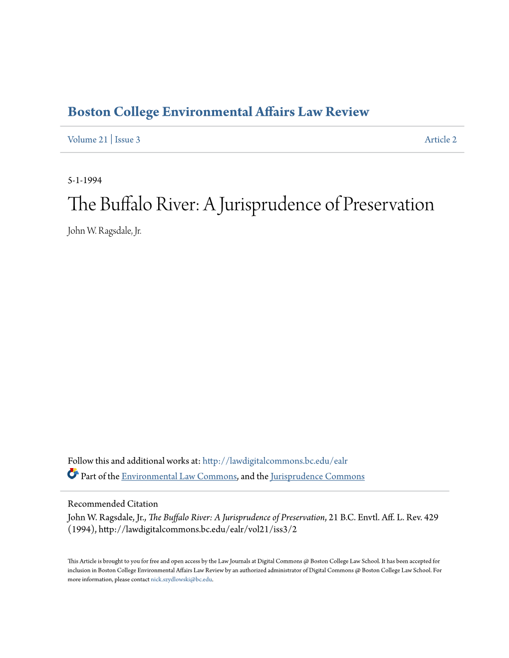 The Buffalo River: a Jurisprudence of Preservation, 21 B.C