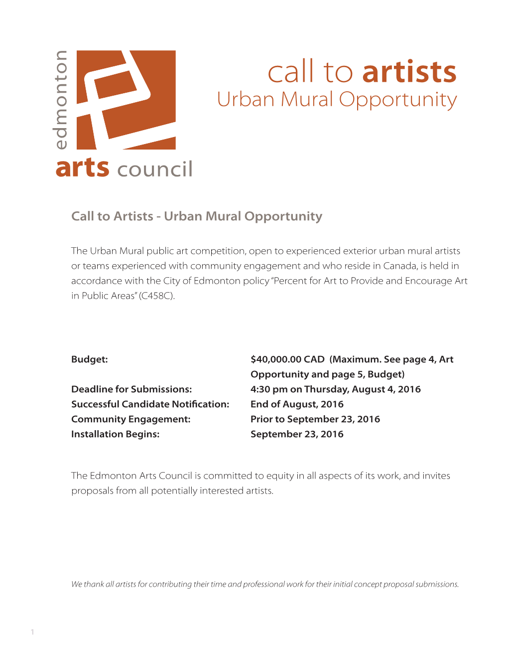 Call to Artists: Urban Mural Opportunity
