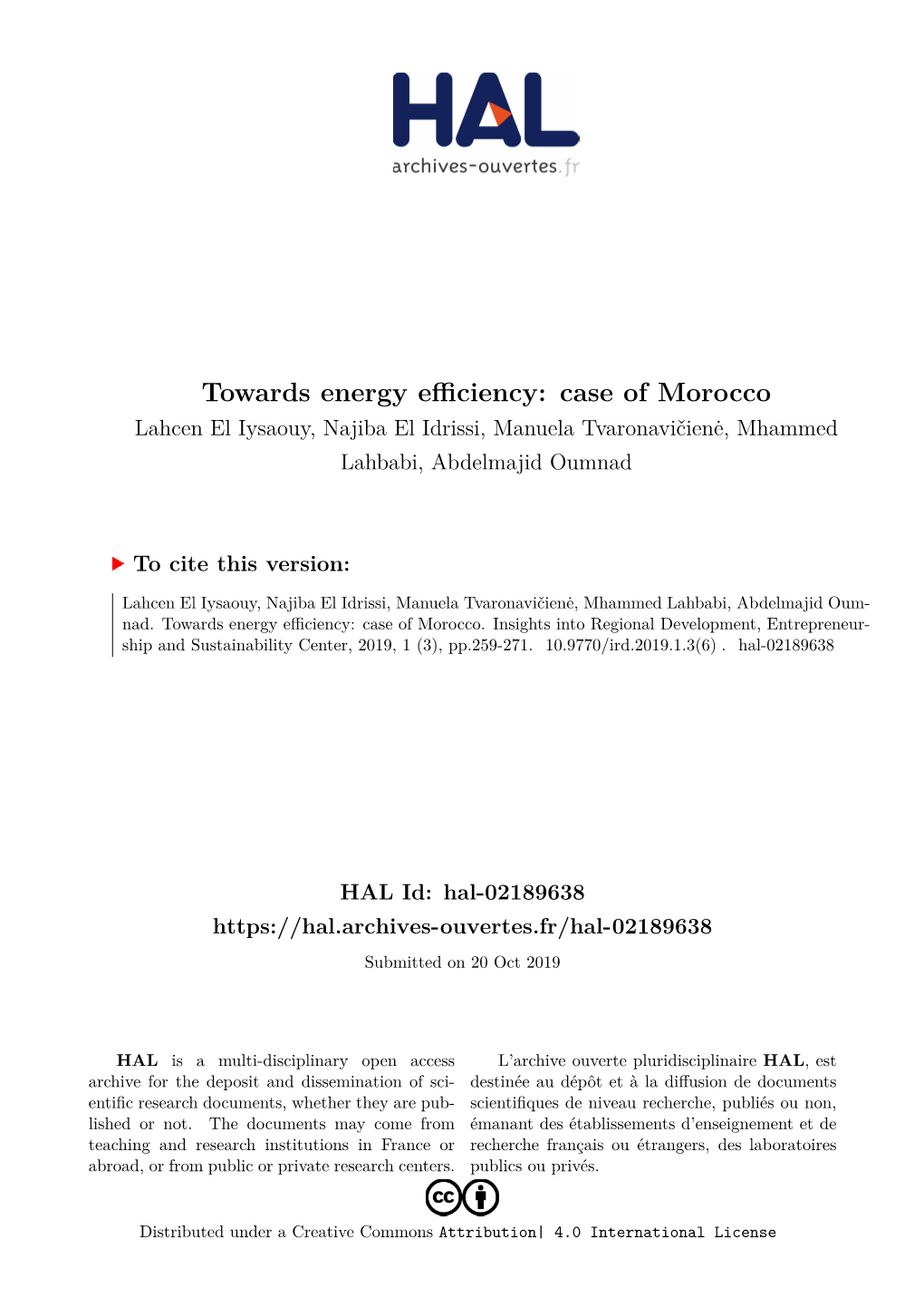 Towards Energy Efficiency: Case of Morocco*