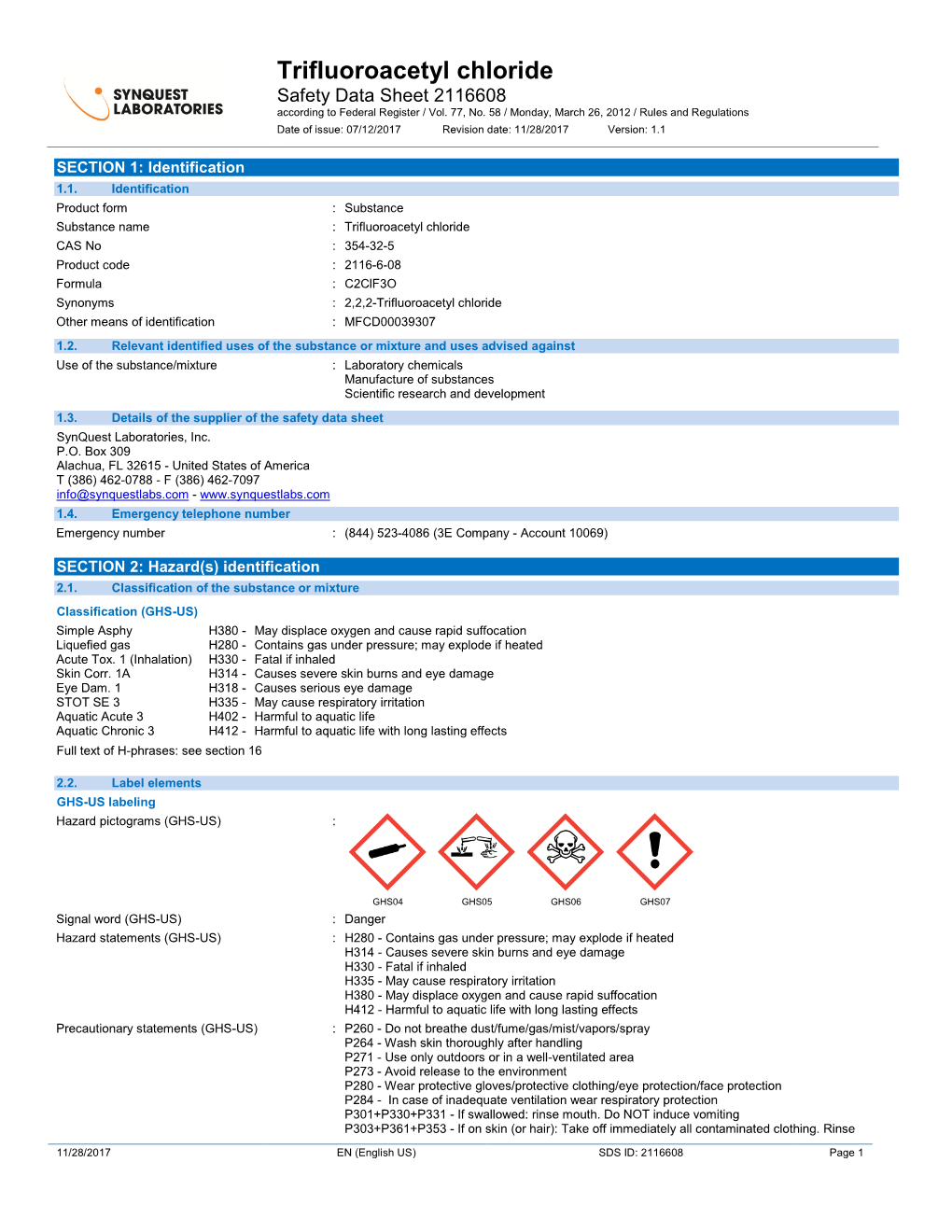 Trifluoroacetyl Chloride Safety Data Sheet 2116608 According to Federal Register / Vol