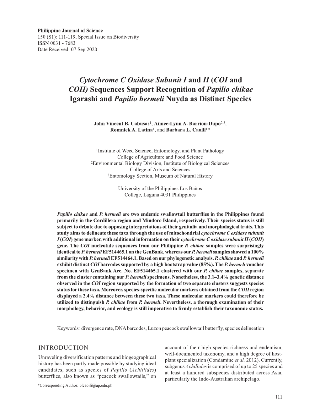 Sequences Support Recognition of Papilio Chikae Igarashi and Papilio Hermeli Nuyda As Distinct Species