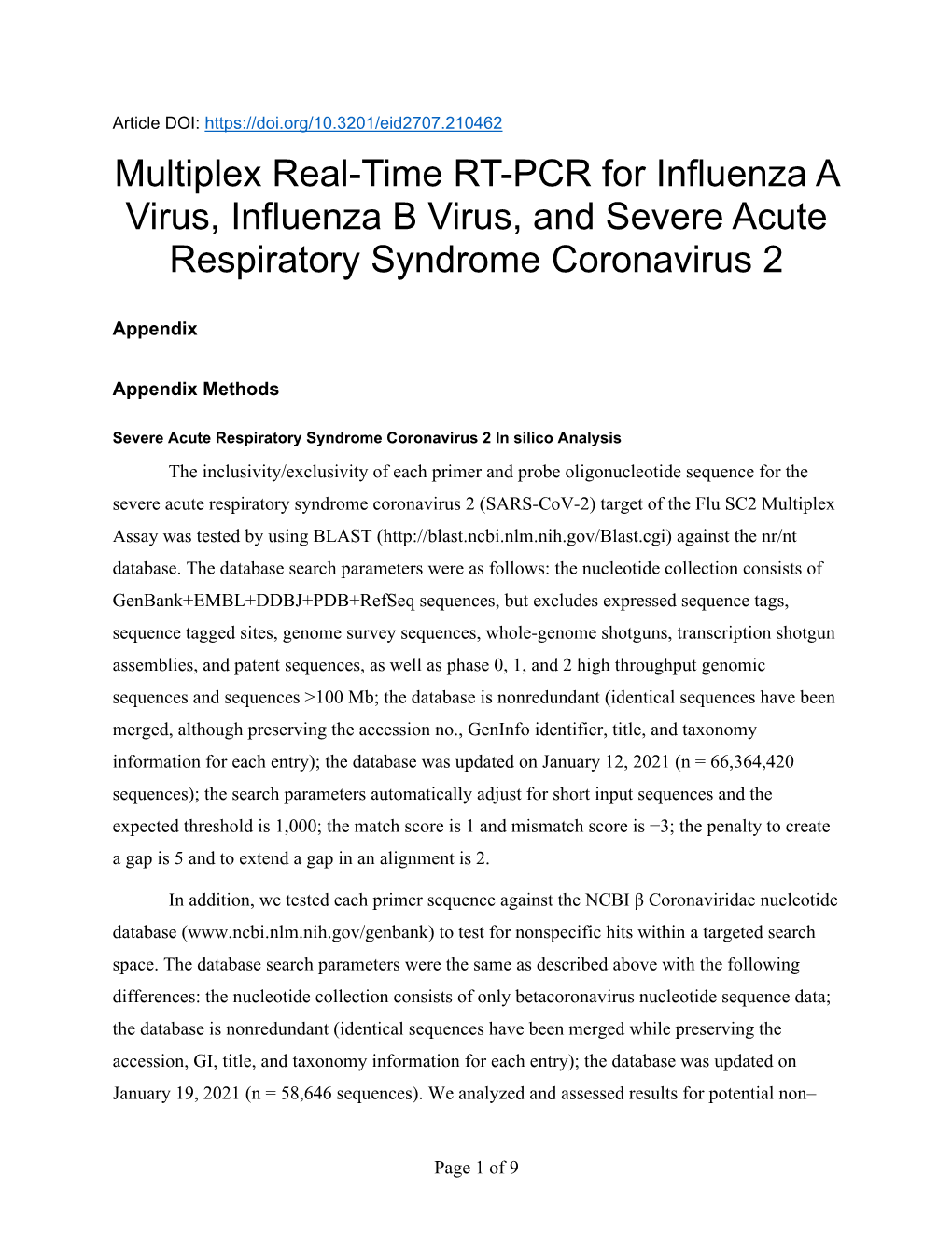Multiplex Real-Time RT-PCR for Influenza a Virus, Influenza B Virus, and Severe Acute Respiratory Syndrome Coronavirus 2