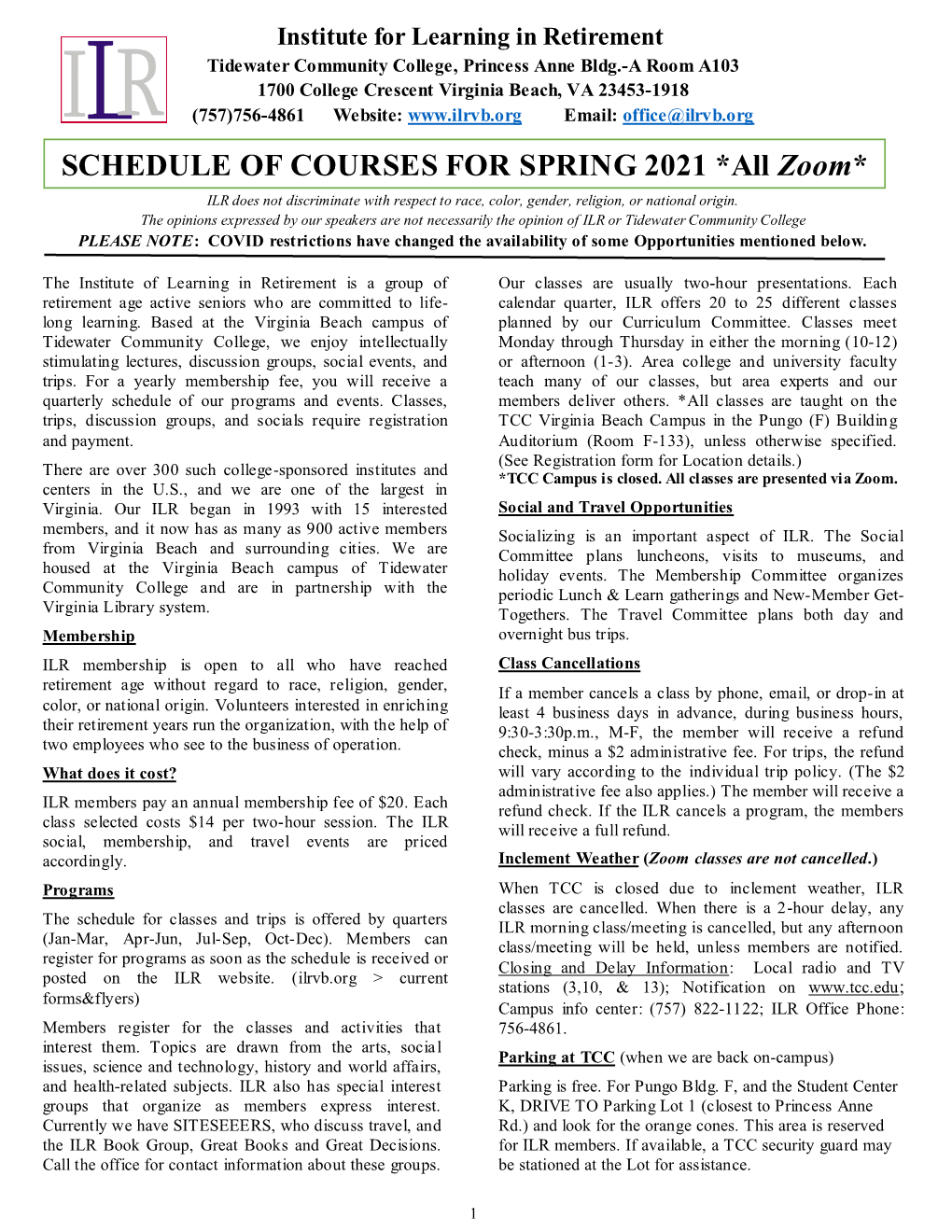 SCHEDULE of COURSES for SPRING 2021 *All Zoom* ILR Does Not Discriminate with Respect to Race, Color, Gender, Religion, Or National Origin