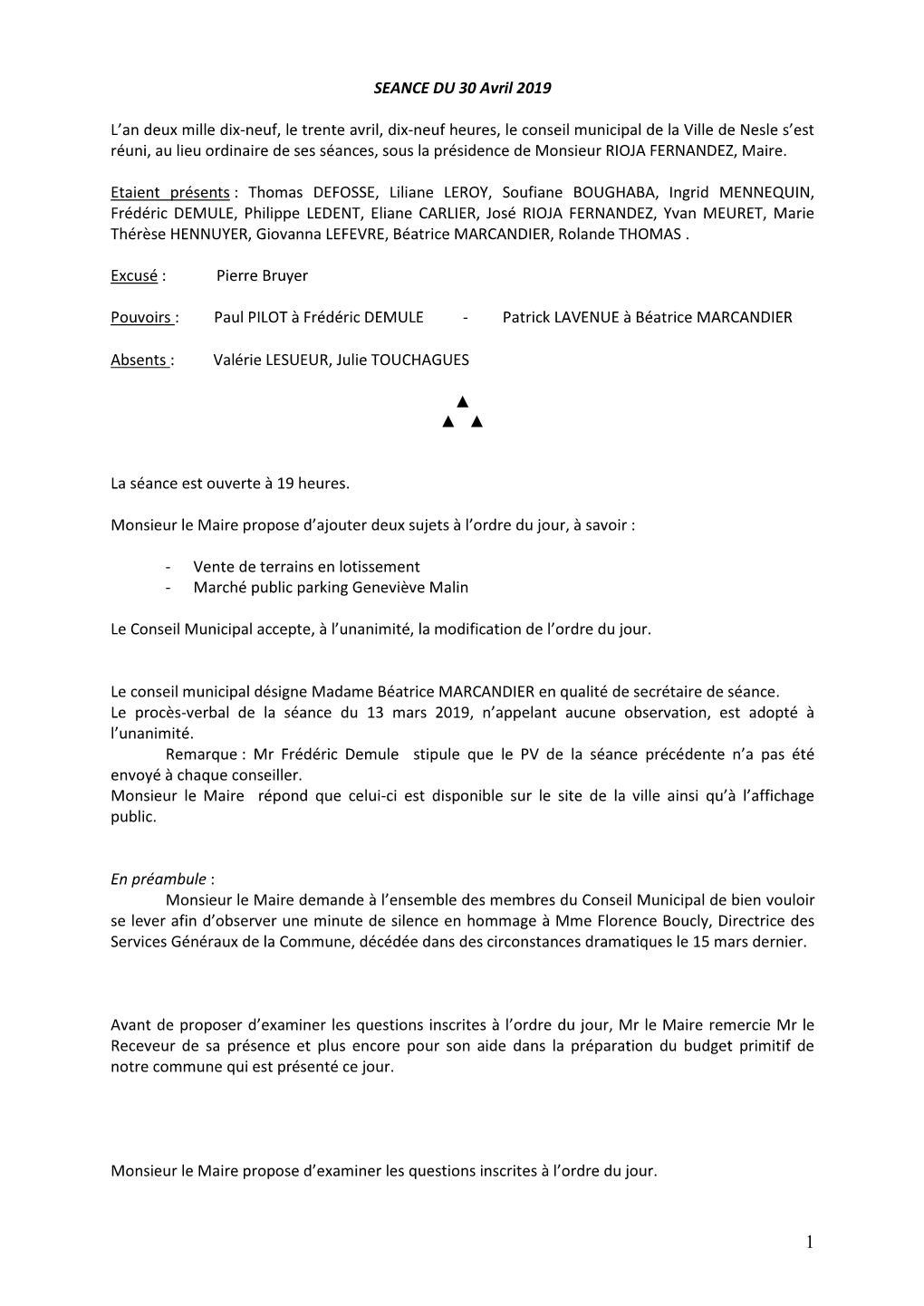 SEANCE DU 30 Avril 2019 L'an Deux Mille Dix-Neuf, Le