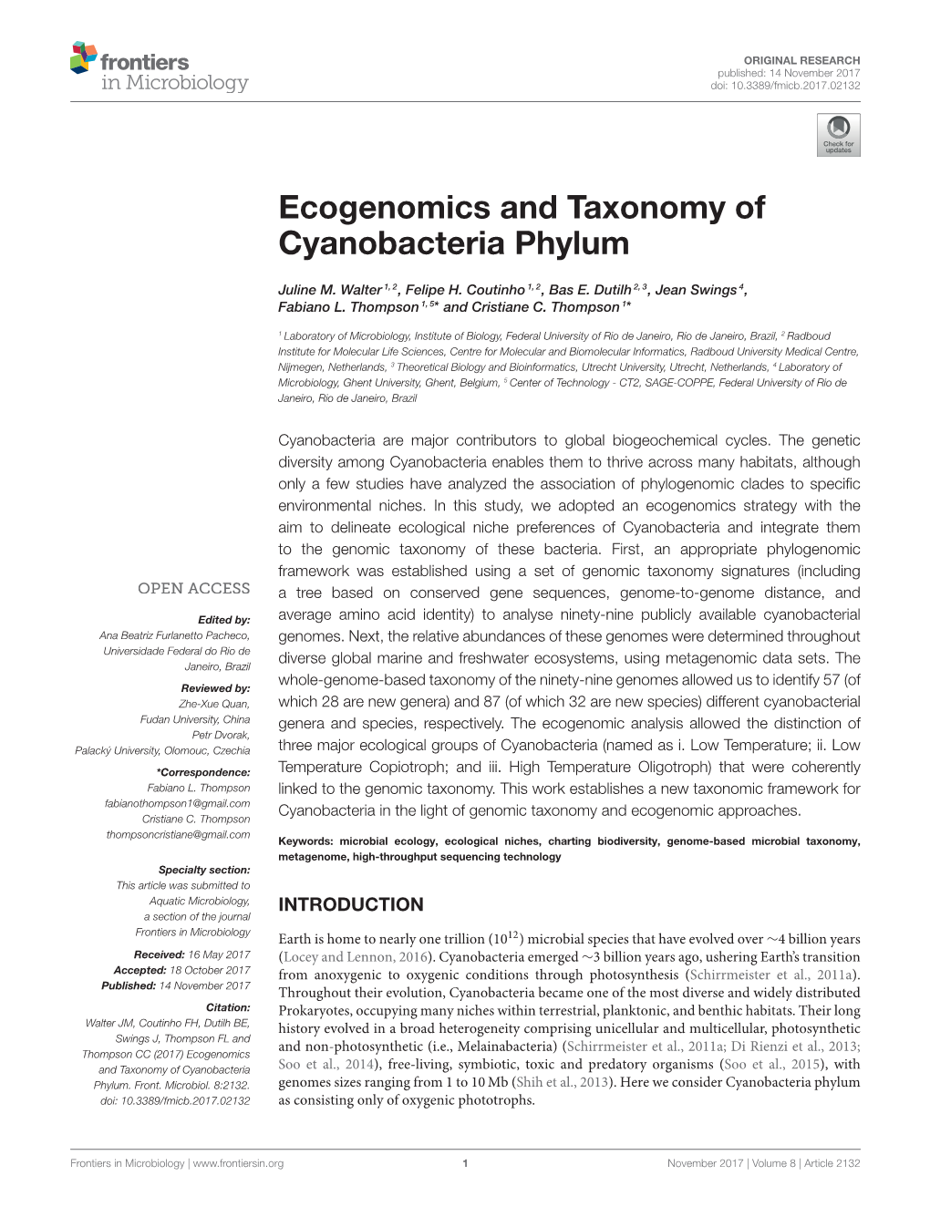 Ecogenomics and Taxonomy of Cyanobacteria Phylum