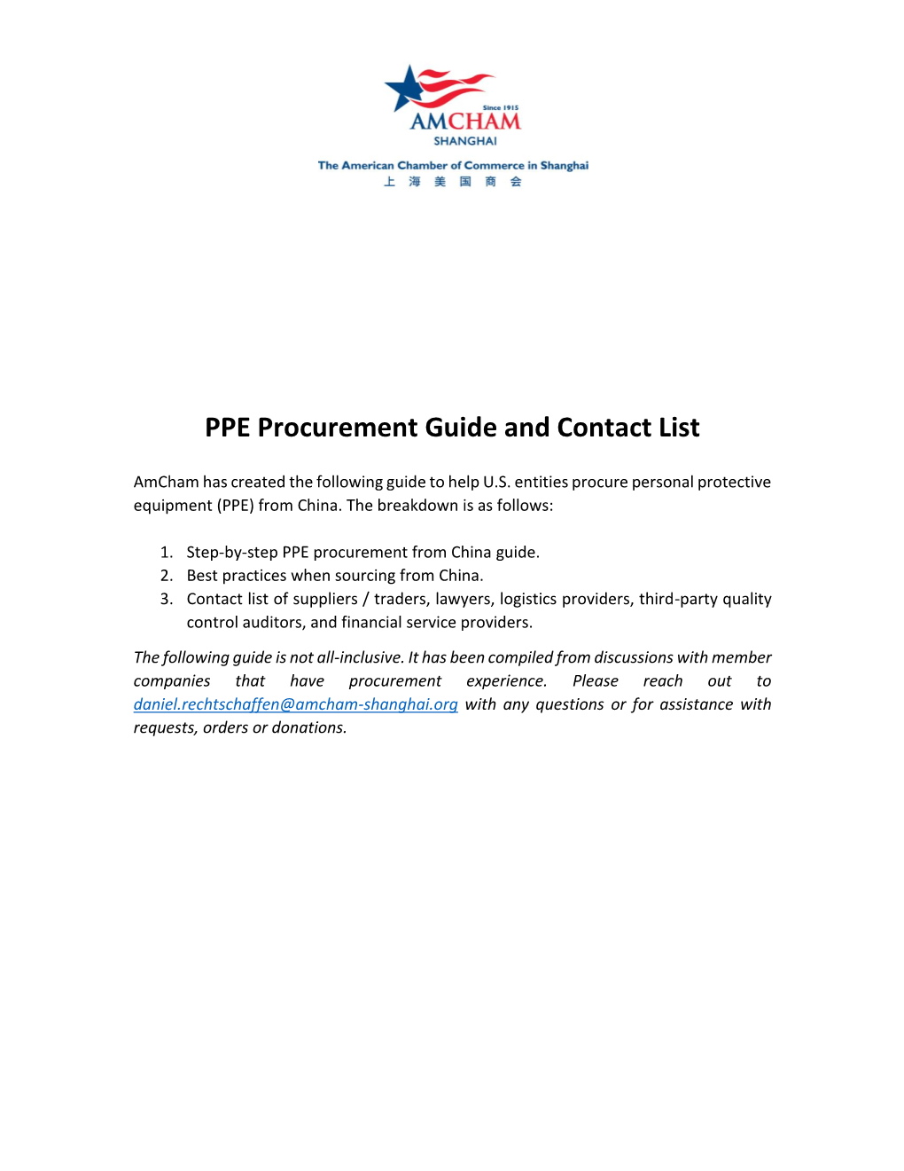 PPE Procurement Guide and Contact List