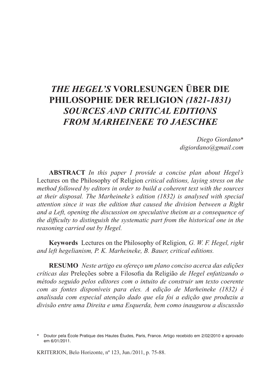 THE HEGEL's Vorlesungen Über Die Philosophie Der Religion
