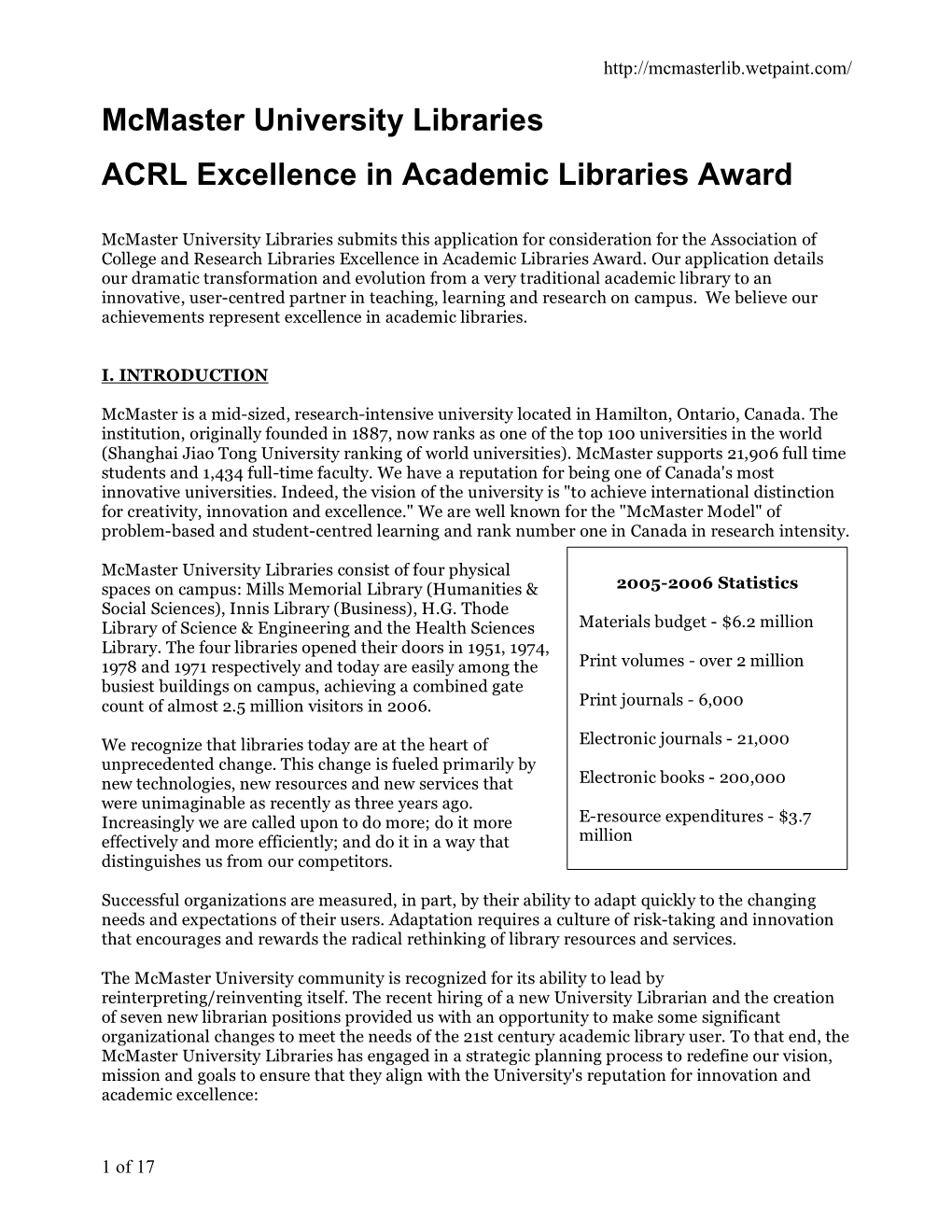 Mcmaster University Libraries ACRL Excellence in Academic Libraries Award
