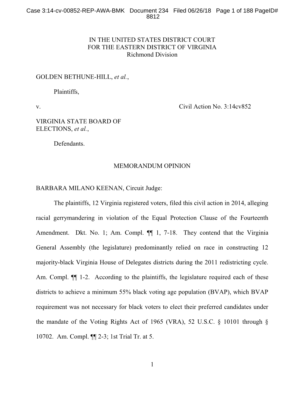 1 in the UNITED STATES DISTRICT COURT for the EASTERN DISTRICT of VIRGINIA Richmond Division GOLDEN BETHUNE-HILL, Et Al., Plaint