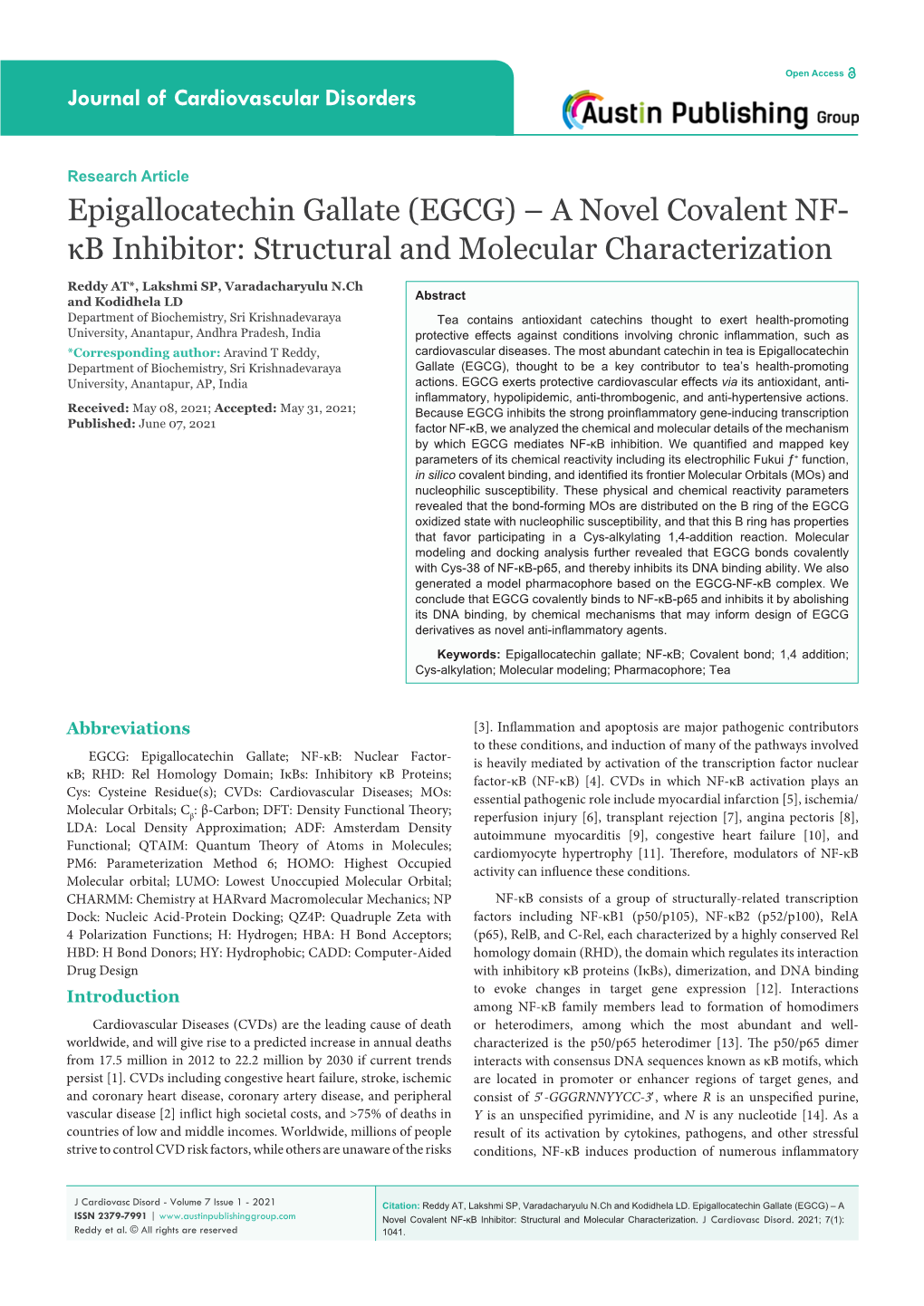 Epigallocatechin Gallate (EGCG) – a Novel Covalent NF- Κb Inhibitor: Structural and Molecular Characterization