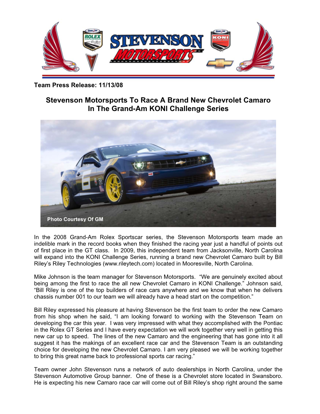 Stevenson Motorsports to Race a Brand New Chevrolet Camaro in the Grand-Am KONI Challenge Series