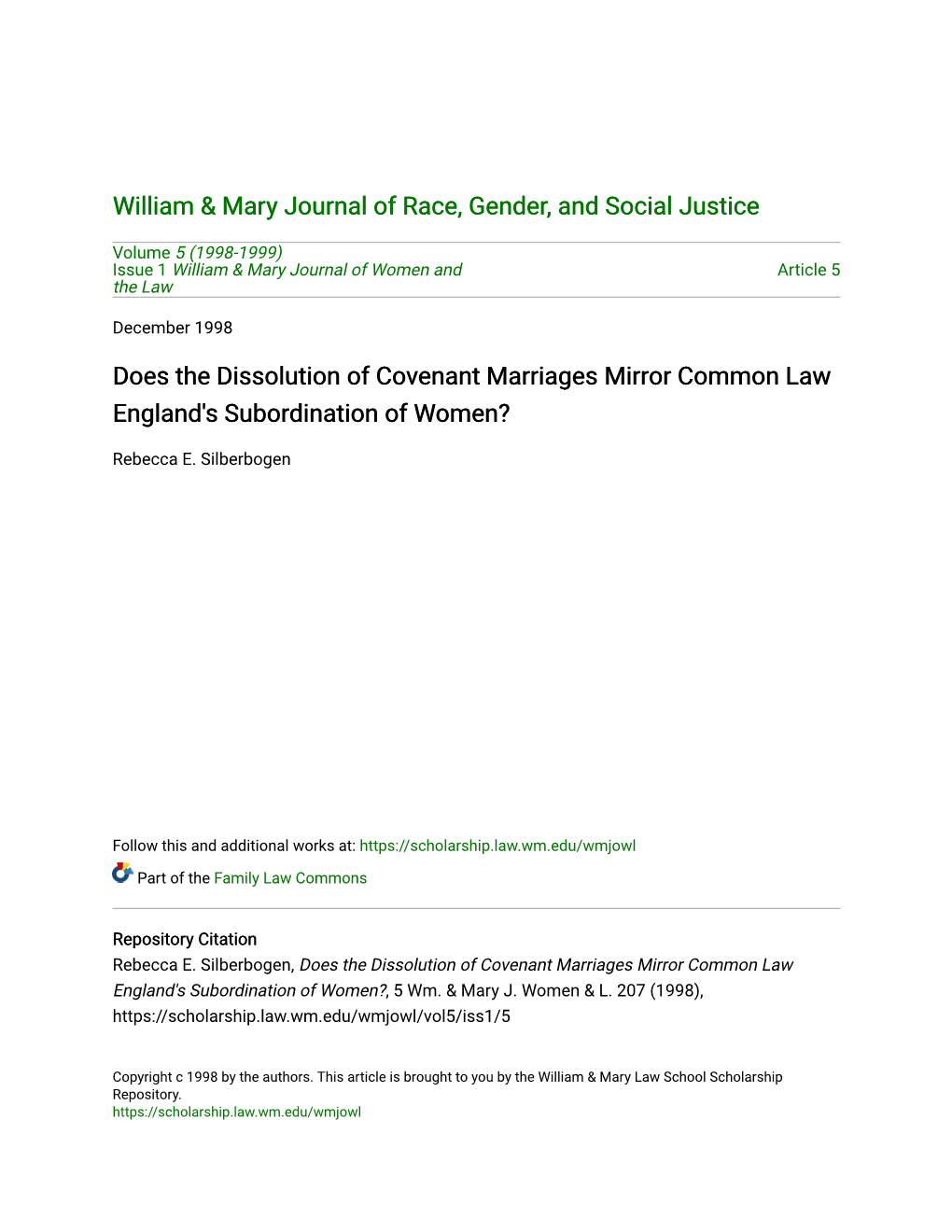 Does the Dissolution of Covenant Marriages Mirror Common Law England's Subordination of Women?