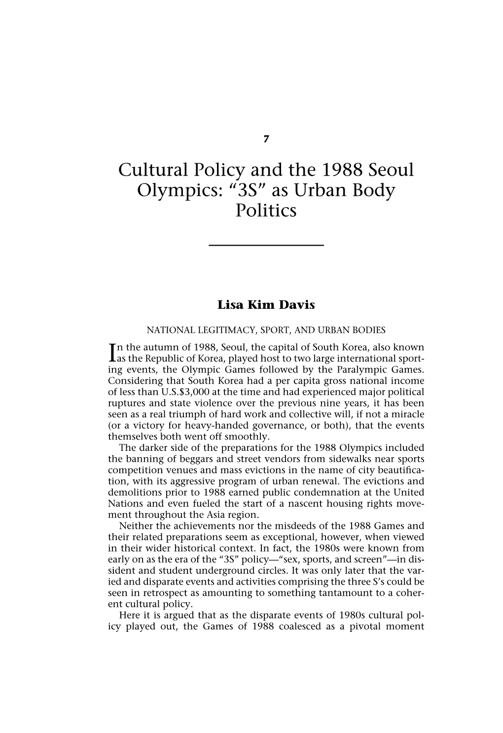 Cultural Policy and the 1988 Seoul Olympics: “3S” As Urban Body Politics