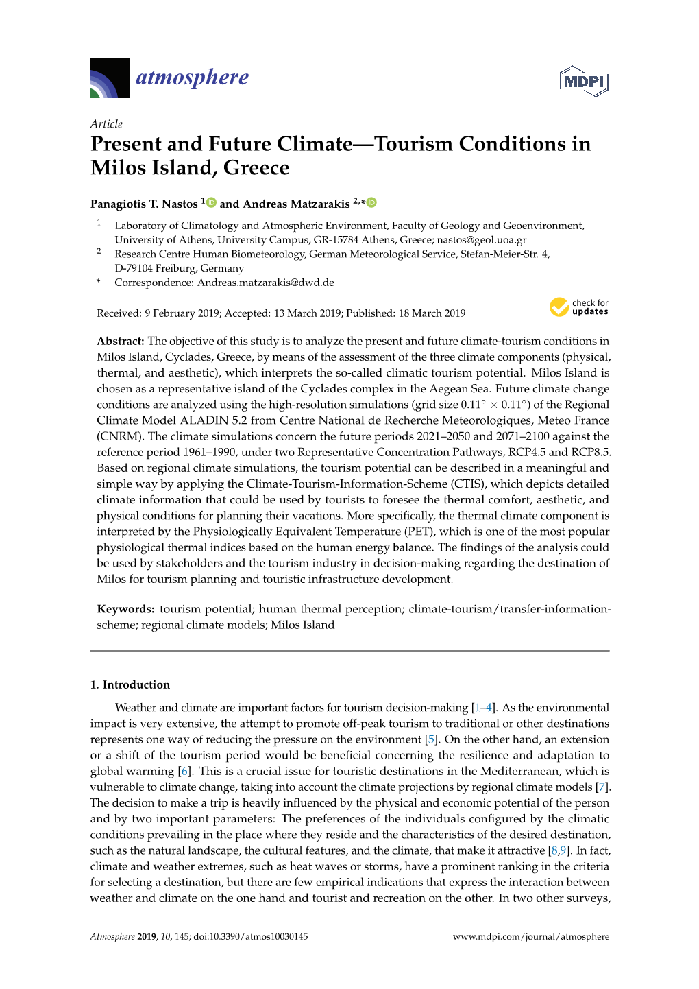 Present and Future Climate—Tourism Conditions in Milos Island, Greece