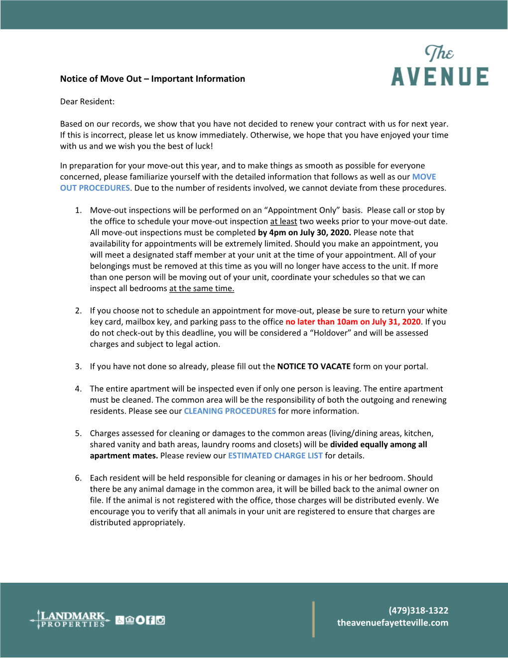 (479)318-1322 Theavenuefayetteville.Com Notice of Move out – Important Information