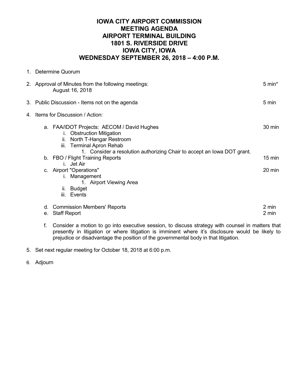 Iowa City Airport Commission Meeting Agenda Airport Terminal Building 1801 S